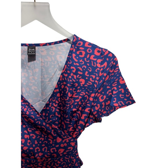 Greathe Women Navy Pink Leopard Print Wrap Dress Short Sleeve Ruffle Hem Size 4 - Picture 4 of 7